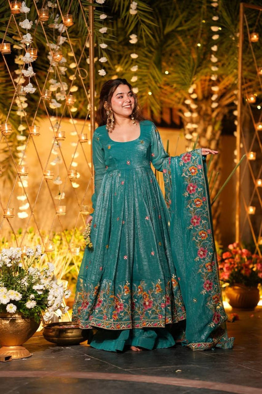 Emerald Floral Embroidered Silk Anarkali Set with sharara (Plazzo)