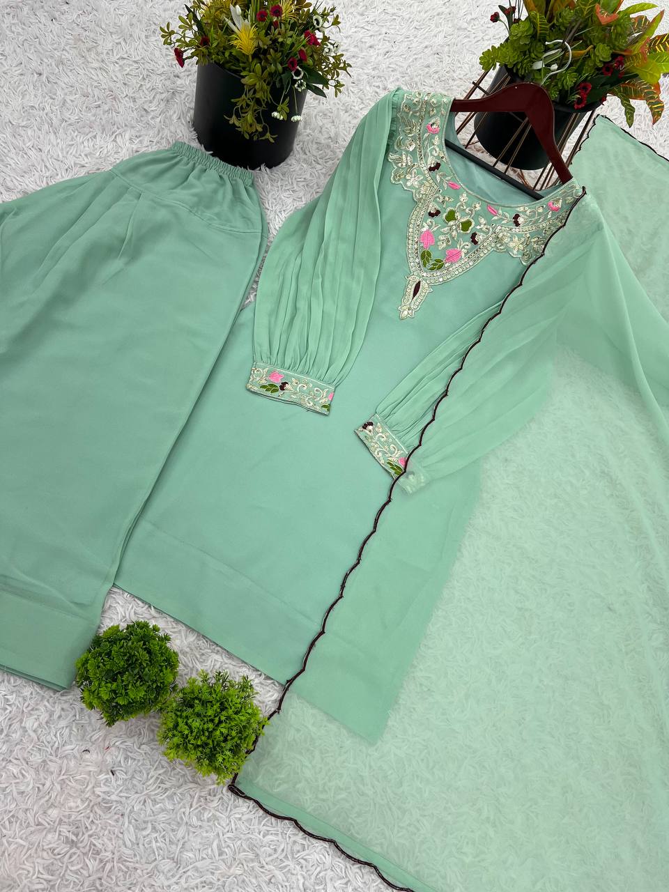 Green straight-cut embroidered suit with dhoti pants and contrast-edge dupatta