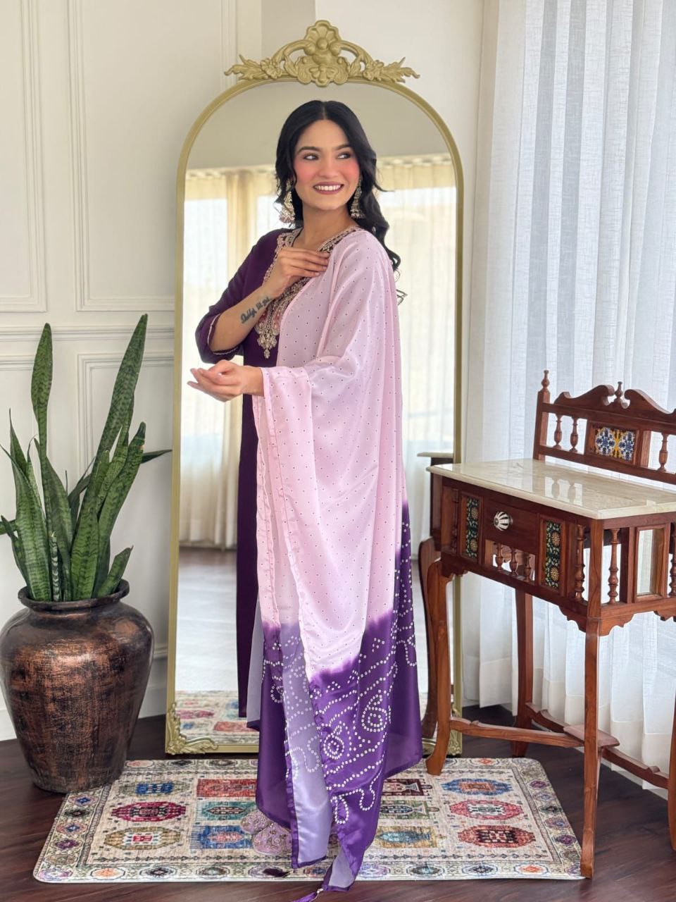 Royal Purple Embroidered Suit Set with Ombre Dupatta