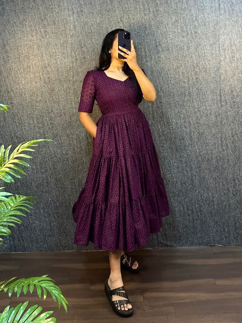 Wine Eyelet Cotton Midi Dress