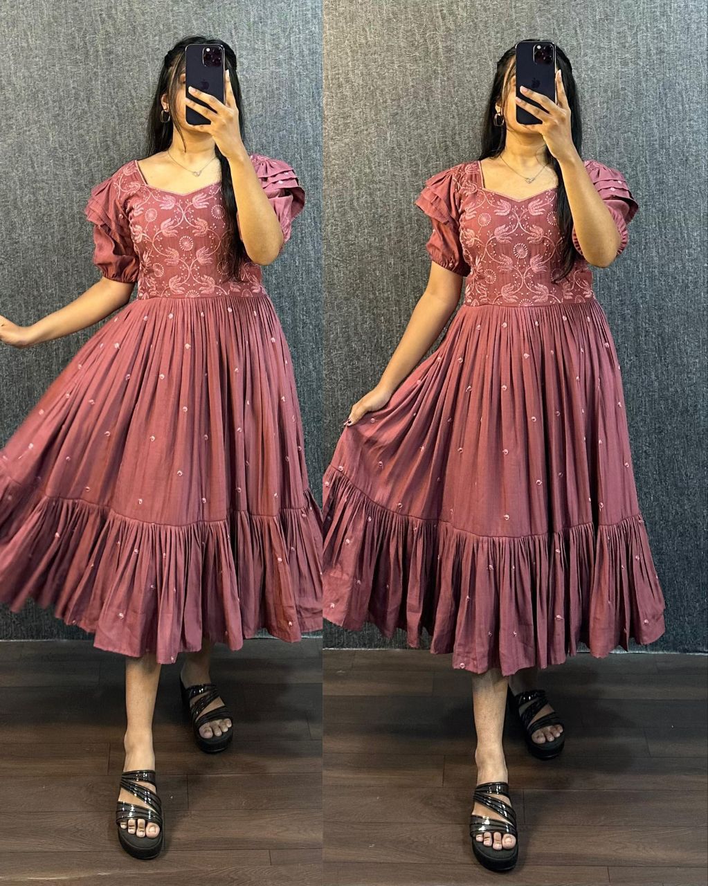 Rose Pink Embroidered Pleated Sleeve Flared Midi Dress