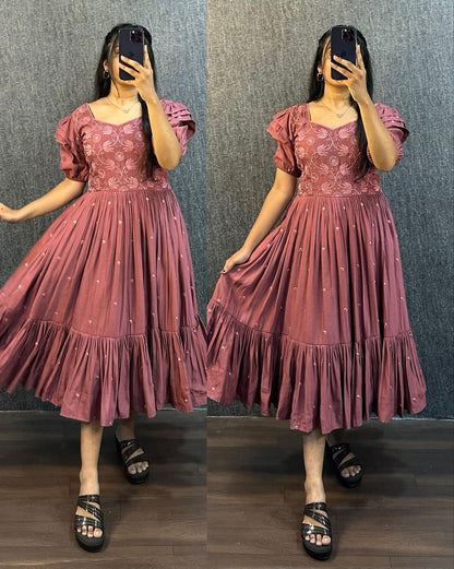 Rose Pink Embroidered Pleated Sleeve Flared Midi Dress