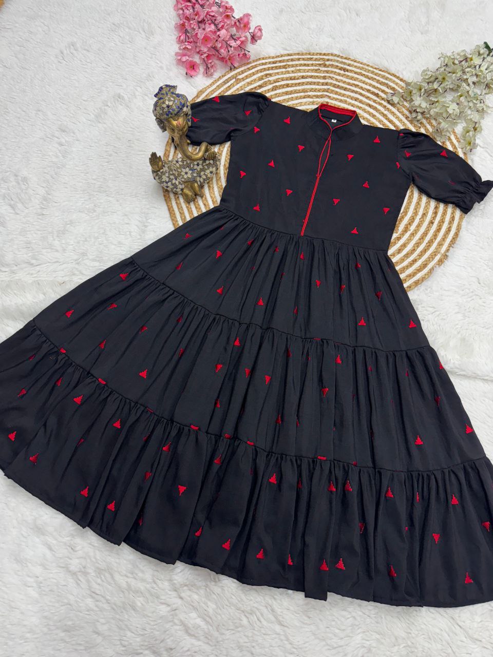 Black Tiered Midi Dress with Puff Sleeves