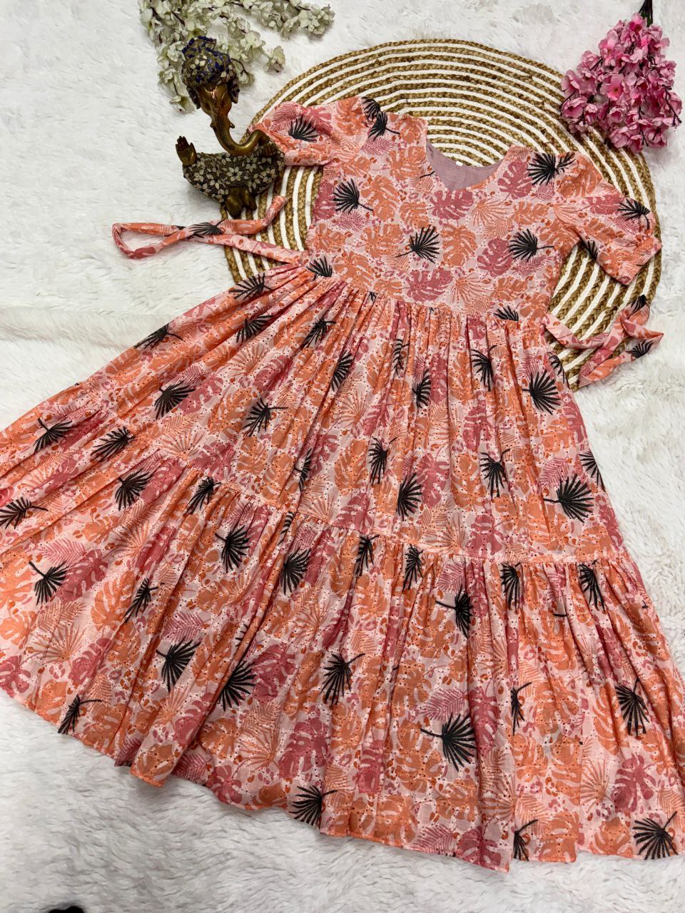 Peach Tropical Leaf Print Tiered Midi Dress