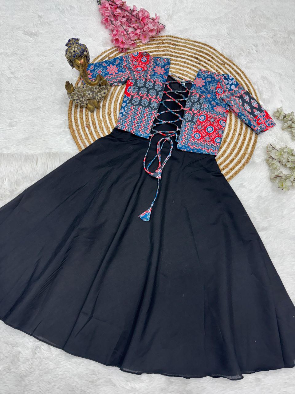 Patchwork Printed Top with Solid Black Flared Midi Dress