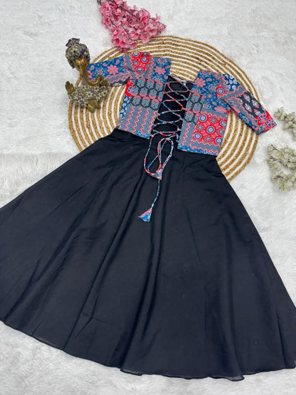 Patchwork Printed Top with Solid Black Flared Midi Dress