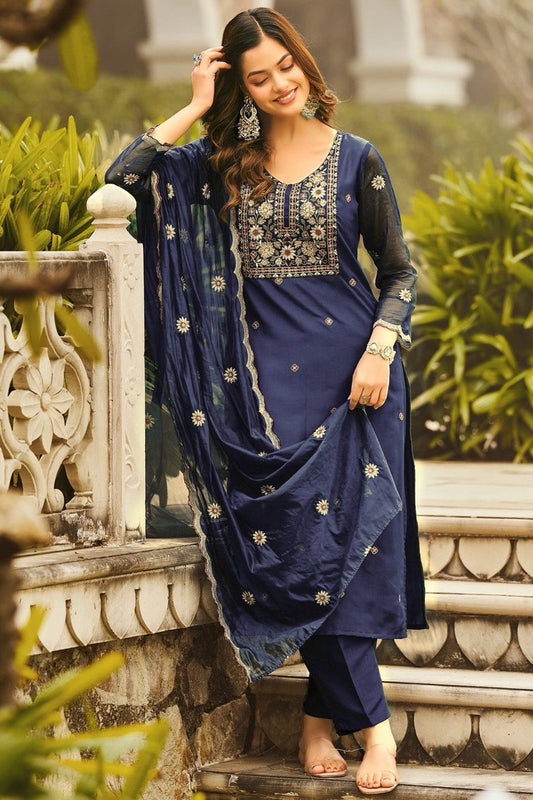 Navy Blue Embroidered Straight Kurta Set with Dupatta