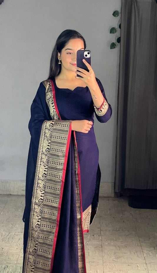 Navy Blue Ethnic Kurta Set with Dupatta