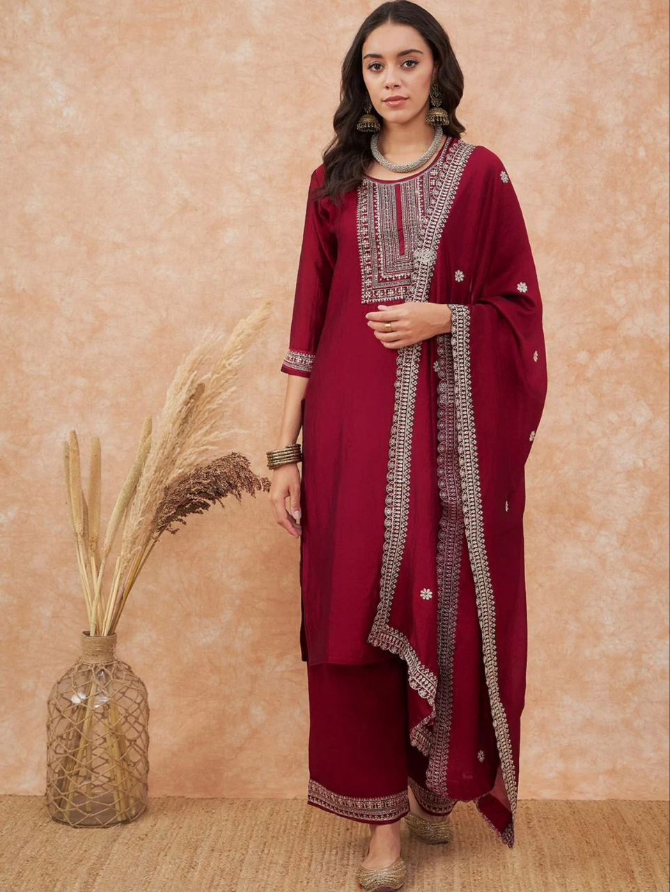 maroon embroidered salwar suit set (3-piece set)
