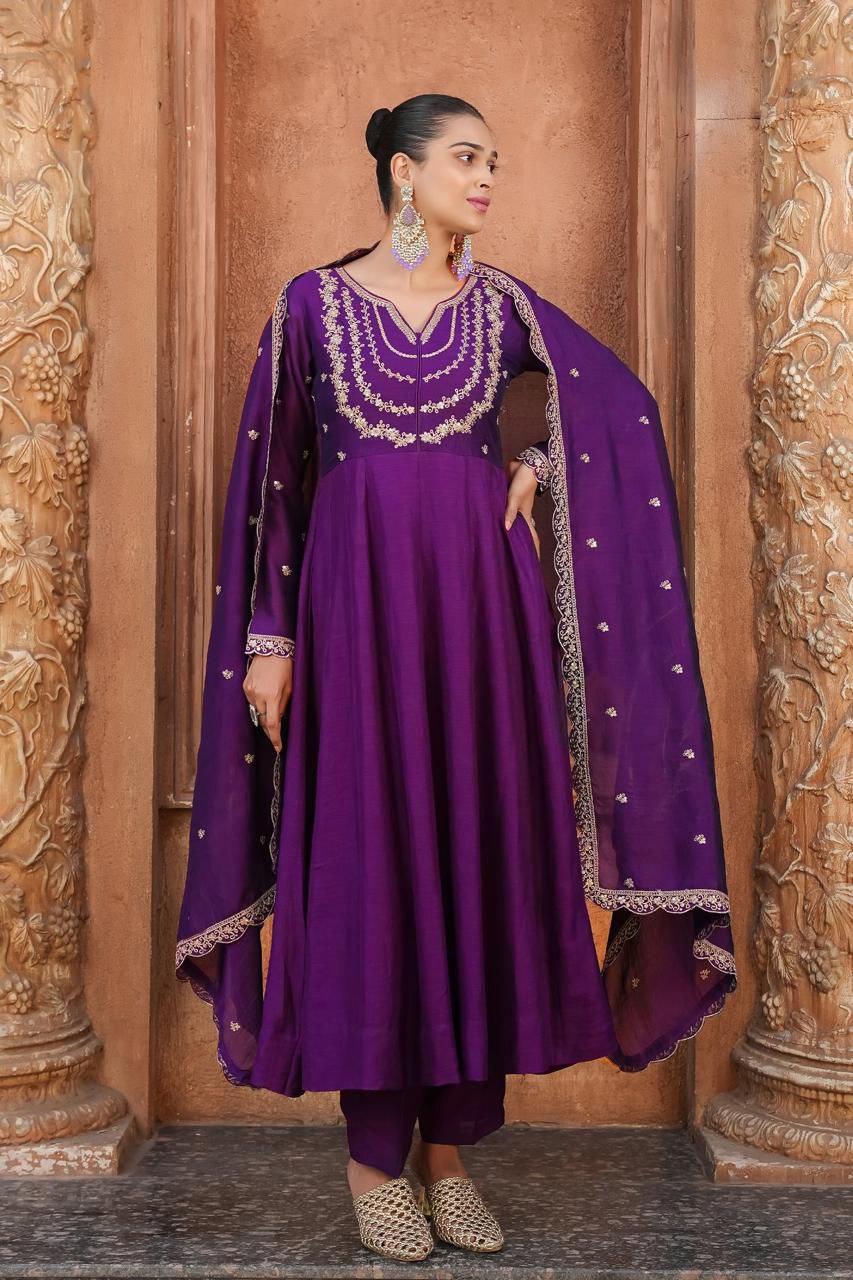 Purple Embroidered Anarkali Kurta Set with Dupatta