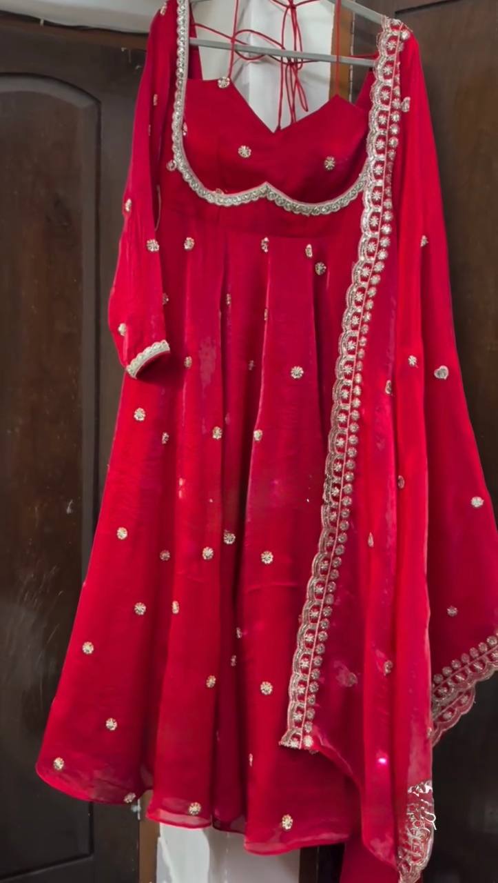 Red Mirror Work Anarkali Suit