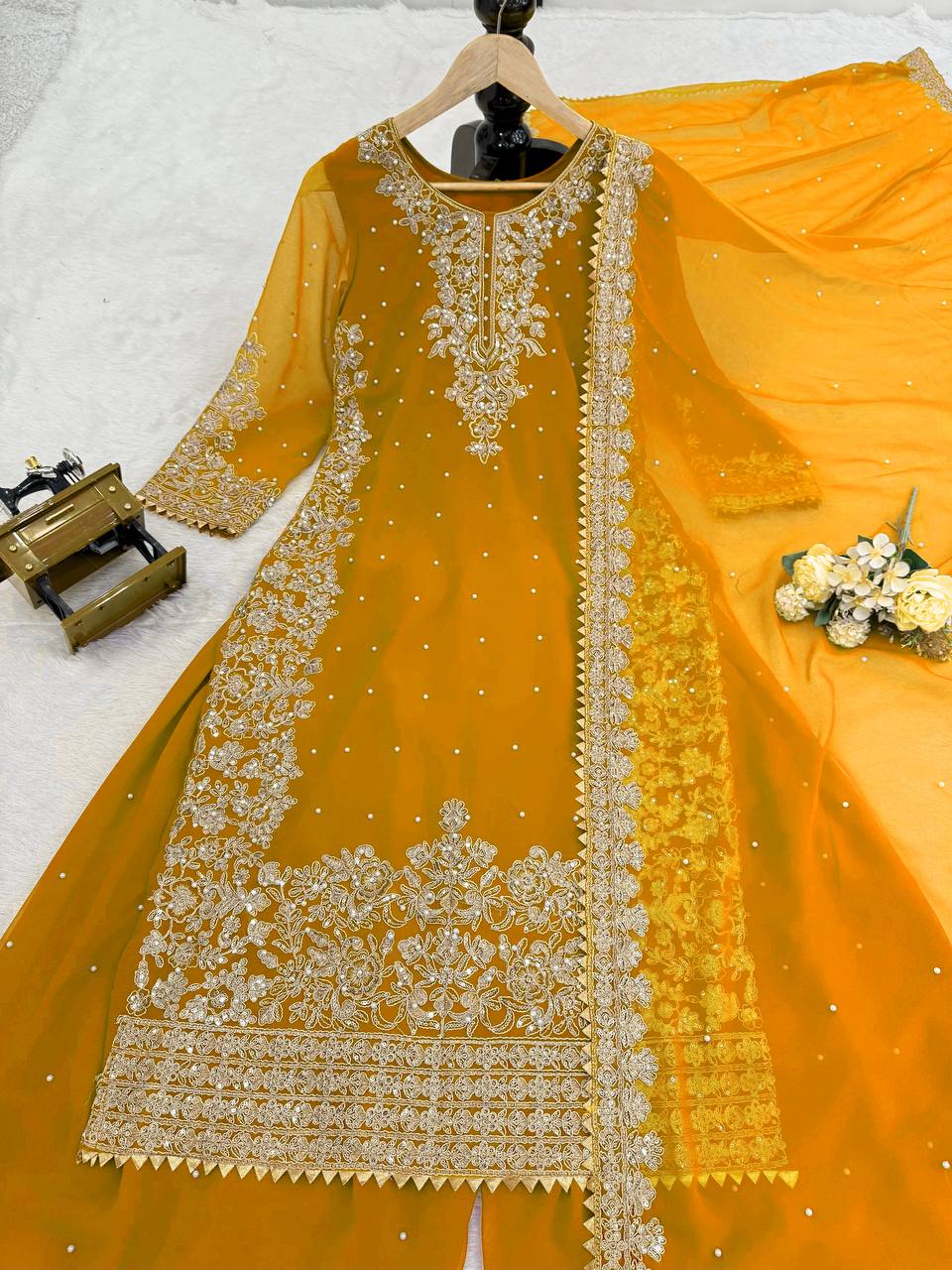 Mustard Embellished Long Kurta with Sharara and Dupatta