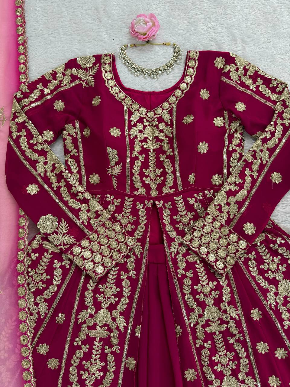 Wine Red Heavy Embroidered Bridal Lehenga with Long Sleeves and Dupatta