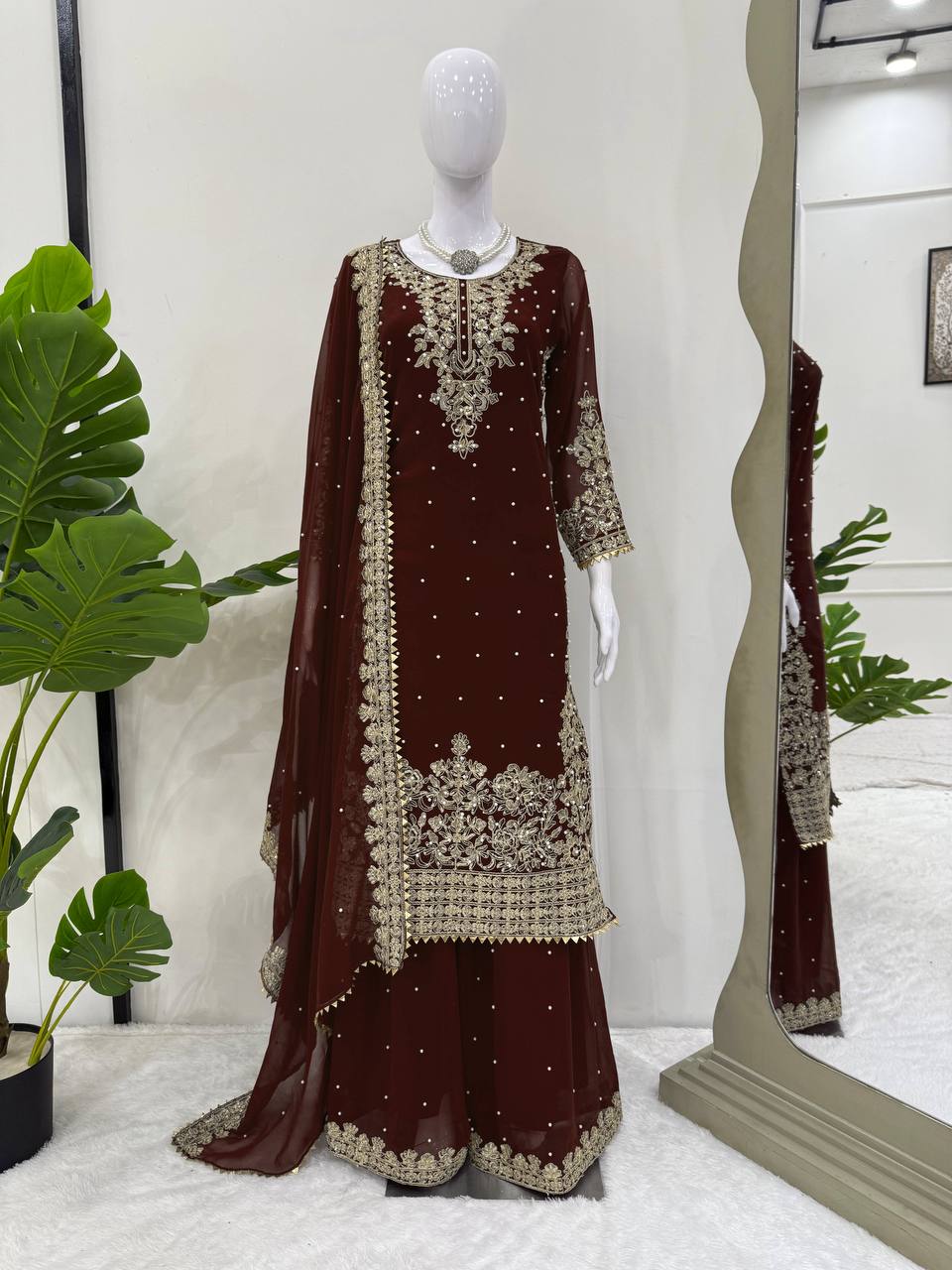Deep Maroon Embellished Long Kurta with Sharara and Dupatta