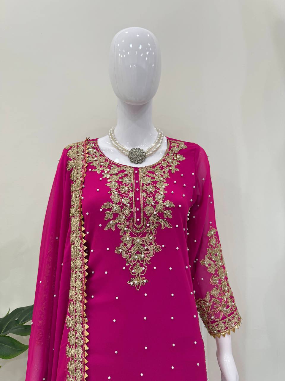 Fuchsia Embellished Long Kurta with Sharara and Dupatta