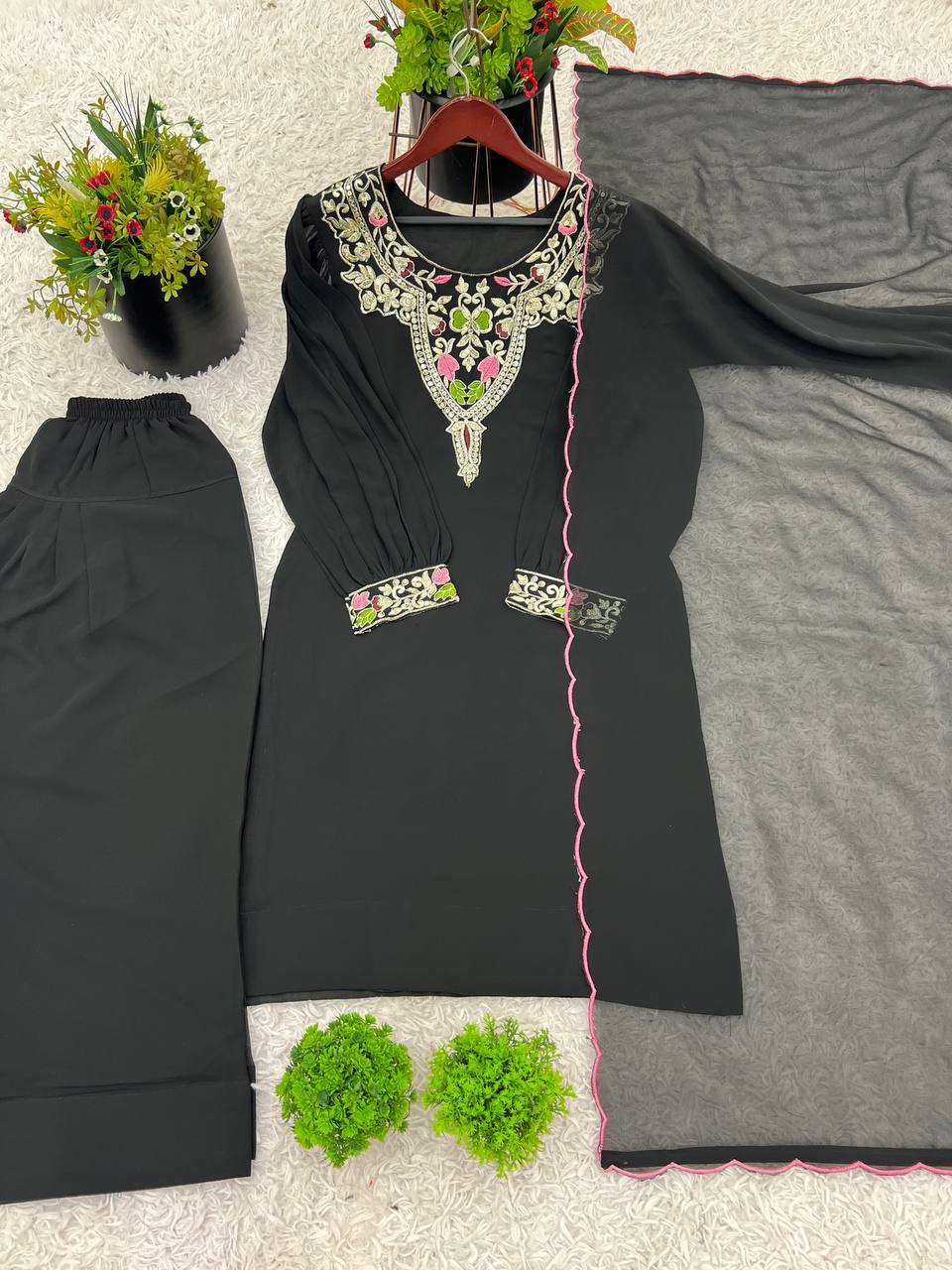 Black straight-cut embroidered suit with dhoti pants and contrast-edge dupatta