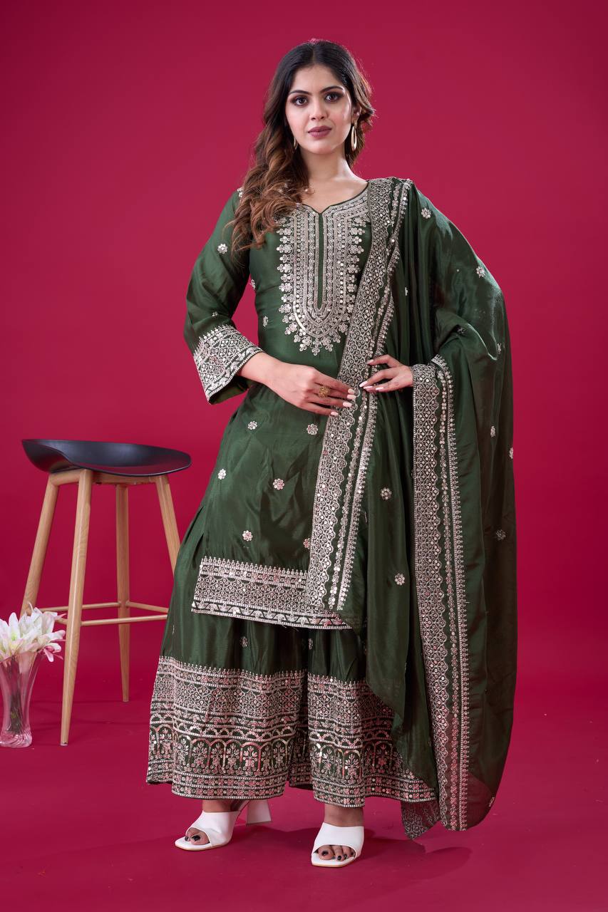 Green traditional ethnic Anarkali gown suit with mirror-work and thread embroidery