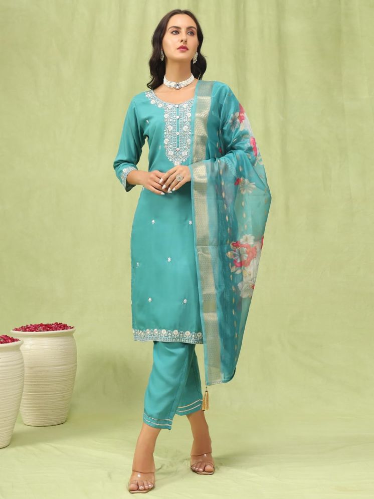 Teal Blue Embroidered Straight Kurta Set with Printed Dupatta