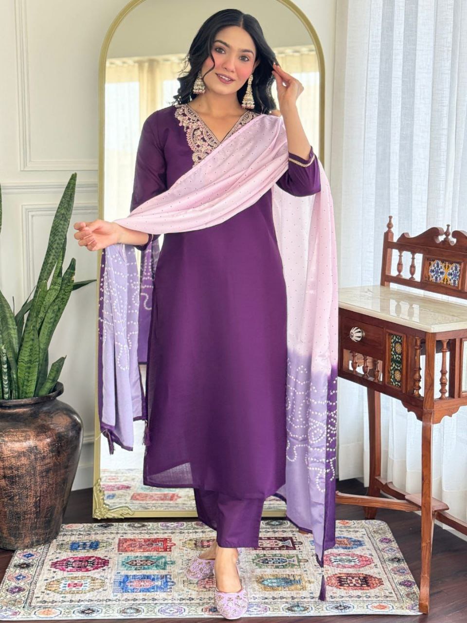 Royal Purple Embroidered Suit Set with Ombre Dupatta