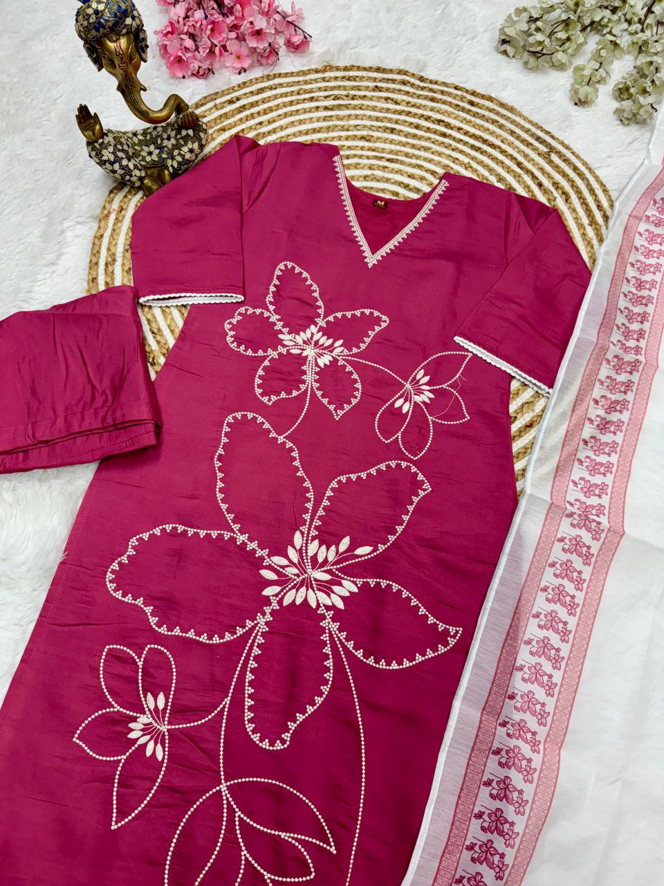 Magenta Cotton Embroidered Kurta with Printed Dupatta & Pants Set