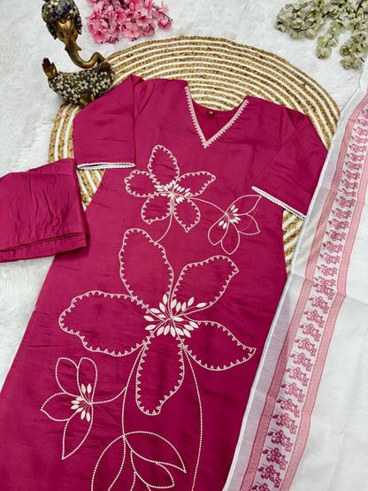 Magenta Cotton Embroidered Kurta with Printed Dupatta & Pants Set