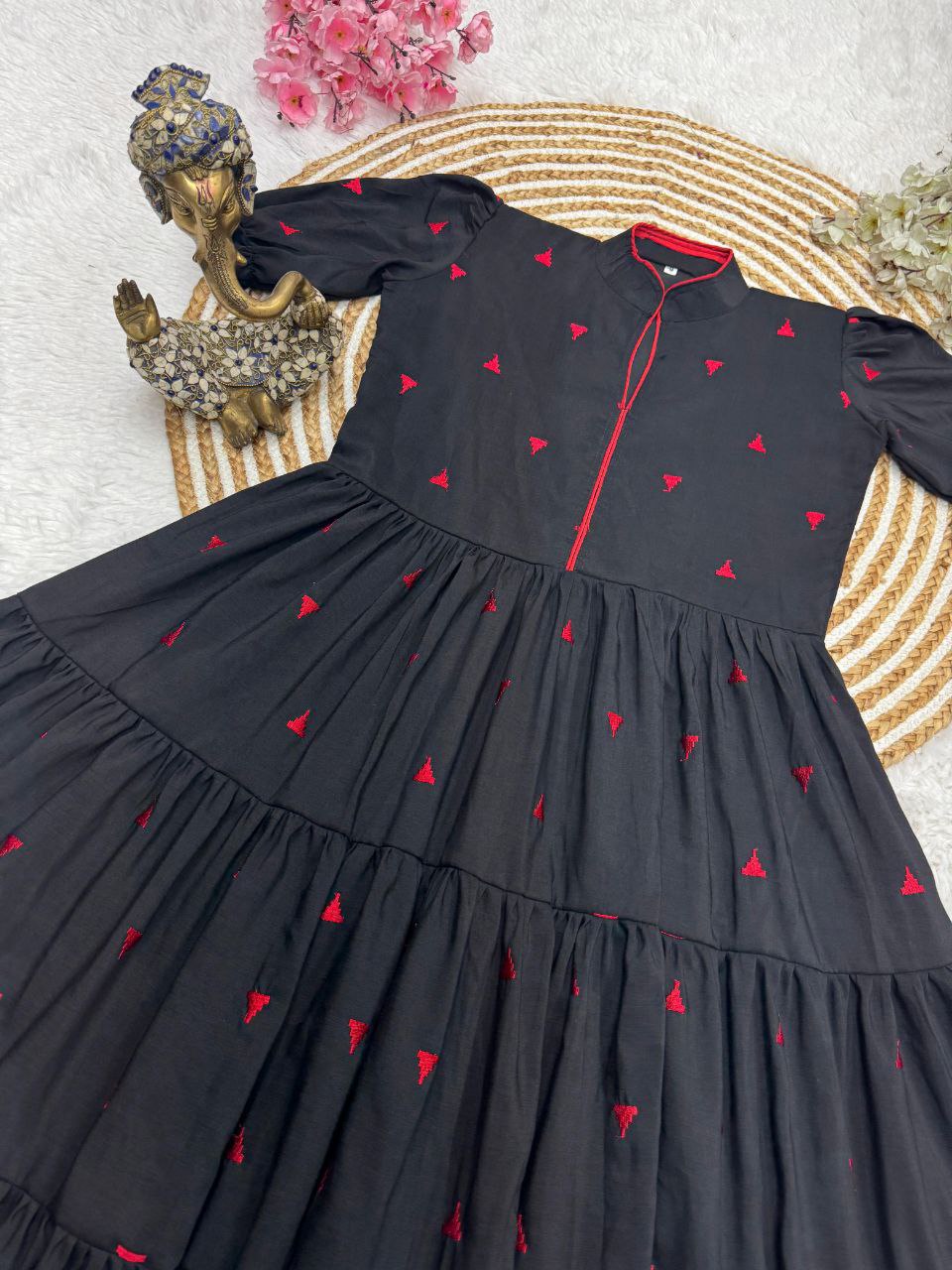 Black Tiered Midi Dress with Puff Sleeves
