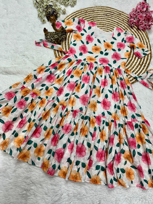 White Floral Printed Eyelet Cotton Tiered Midi Dress