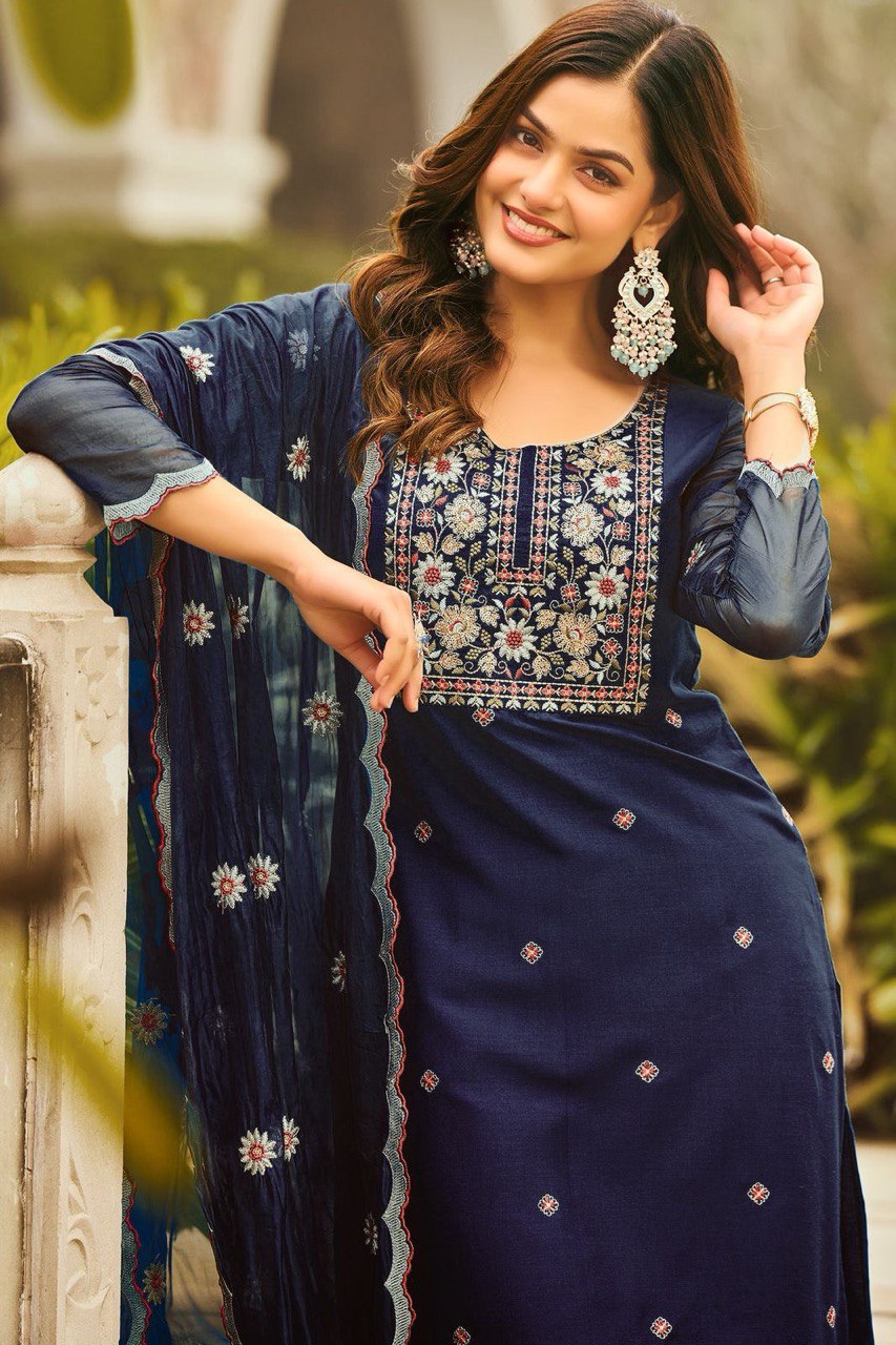 Navy Blue Embroidered Straight Kurta Set with Dupatta
