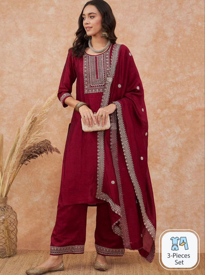 maroon embroidered salwar suit set (3-piece set)