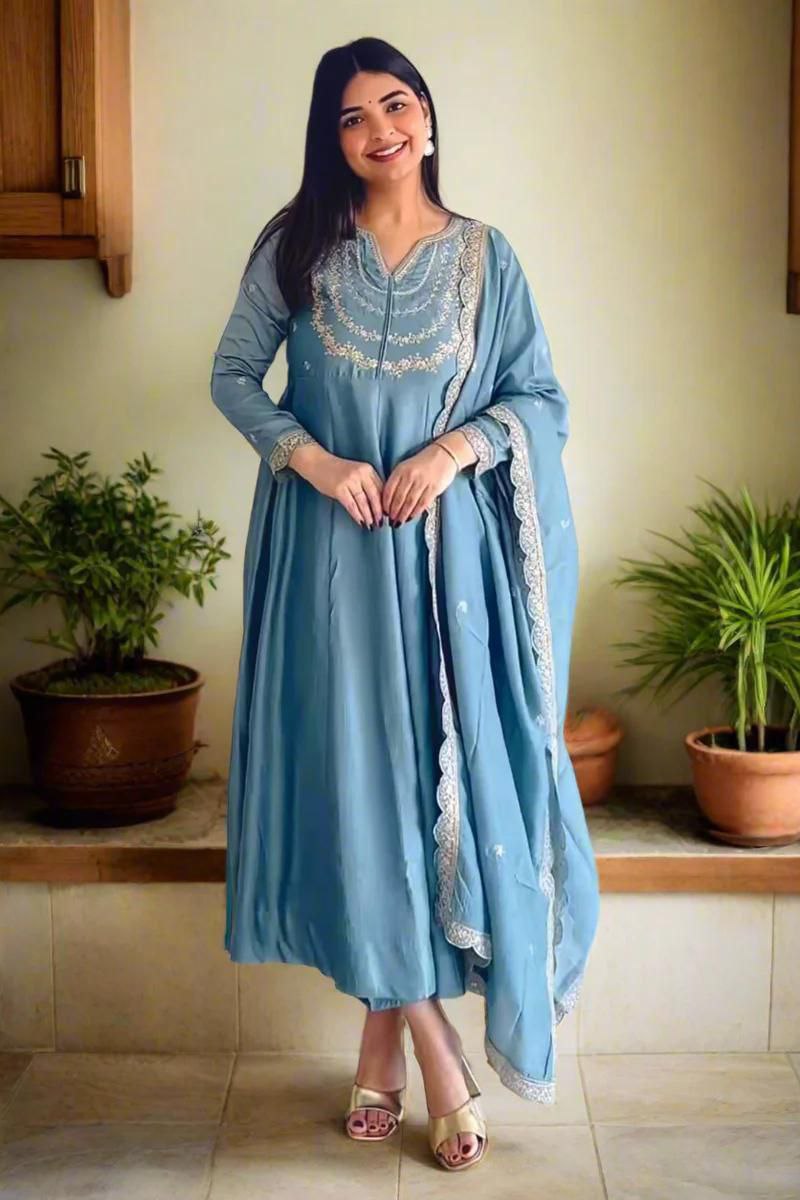 Dusty Blue Embroidered Anarkali Kurta Set with Dupatta