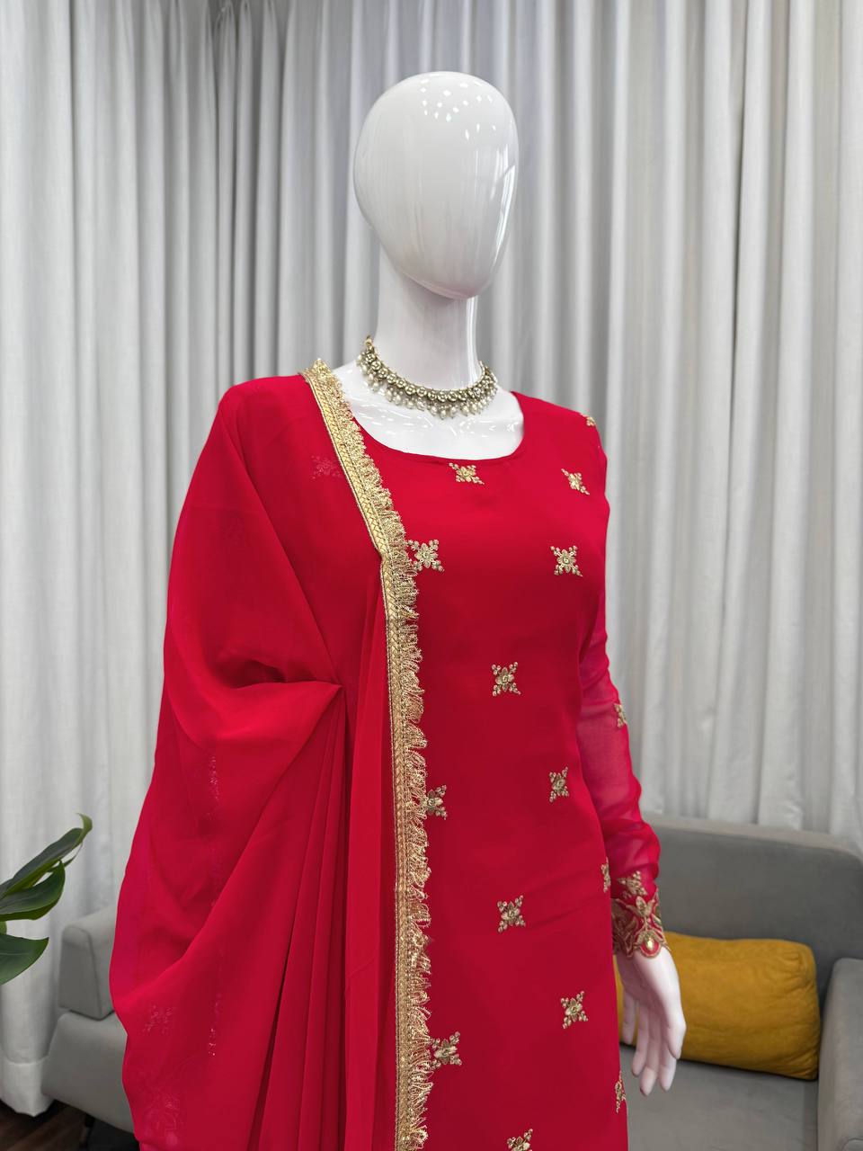 Red Embellished Sharara Suit