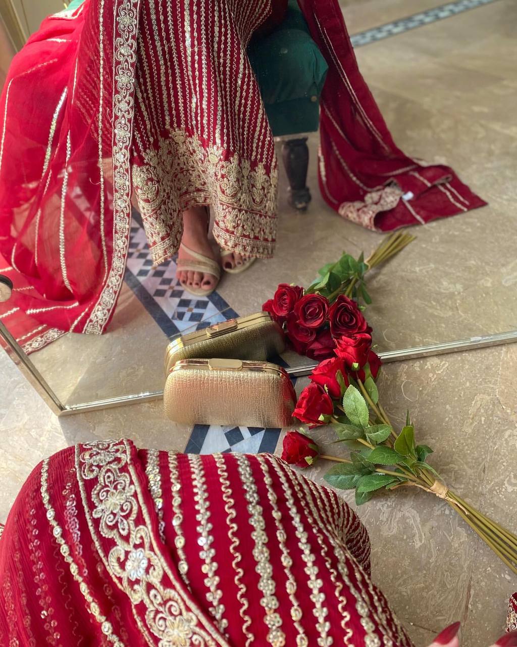 Red Embroidered Straight Suit Set