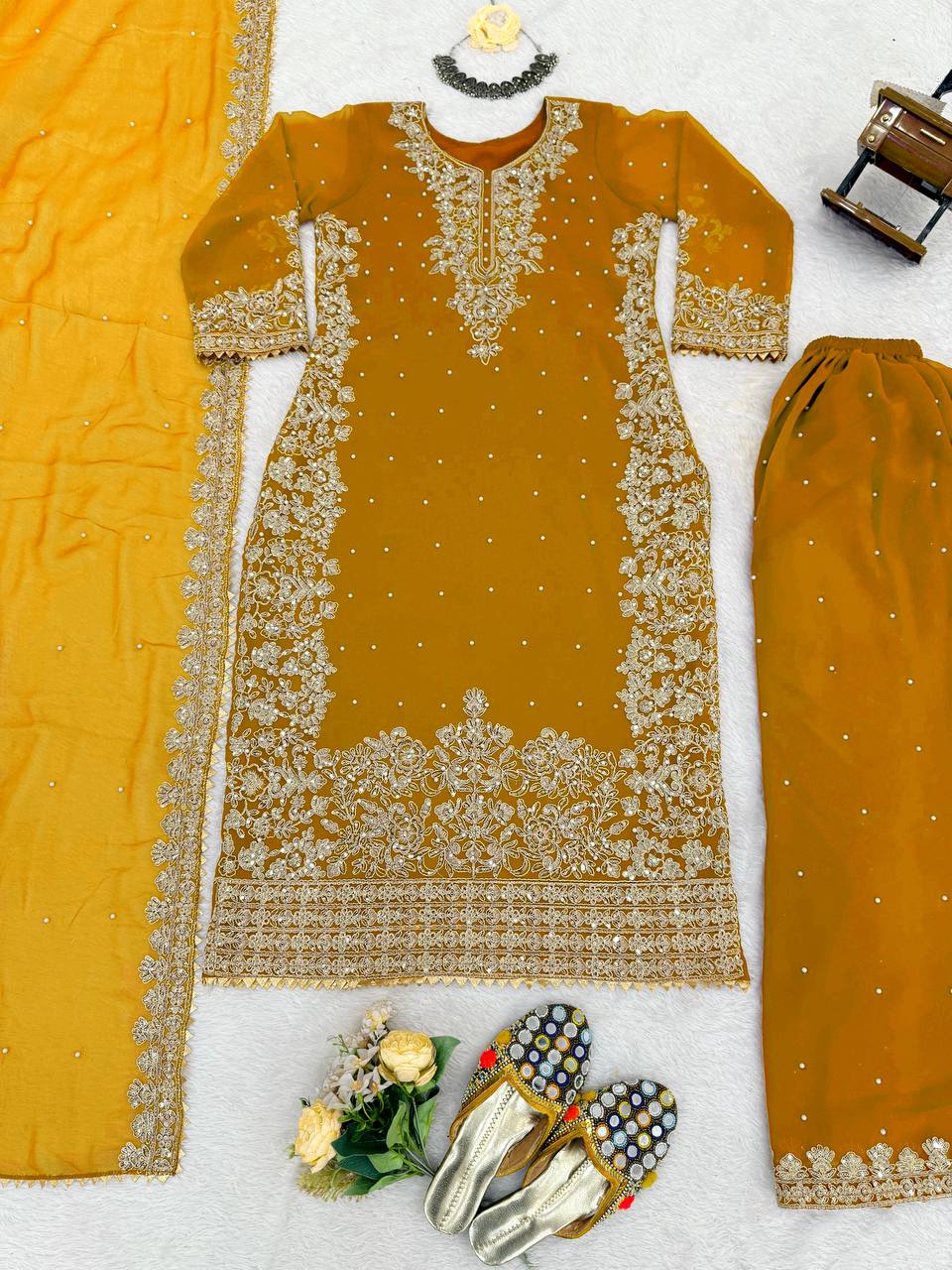 Mustard Embellished Long Kurta with Sharara and Dupatta