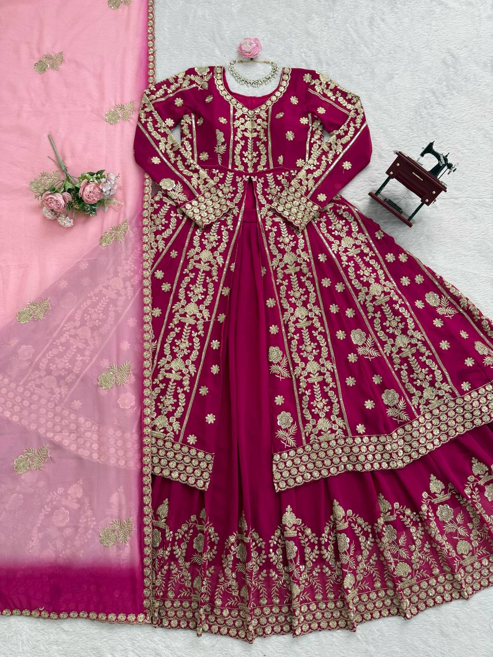 Wine Red Heavy Embroidered Bridal Lehenga with Long Sleeves and Dupatta