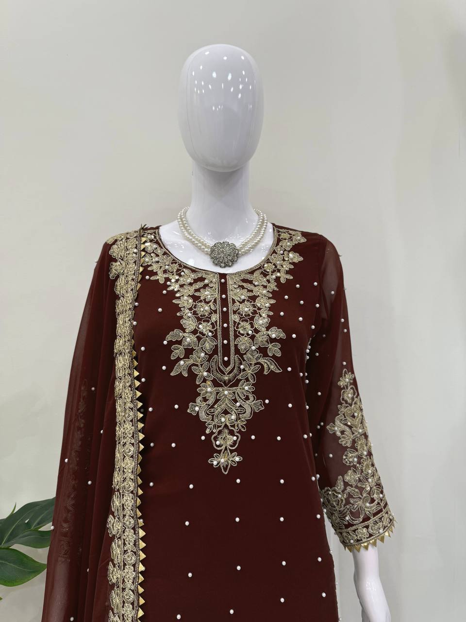 Deep Maroon Embellished Long Kurta with Sharara and Dupatta
