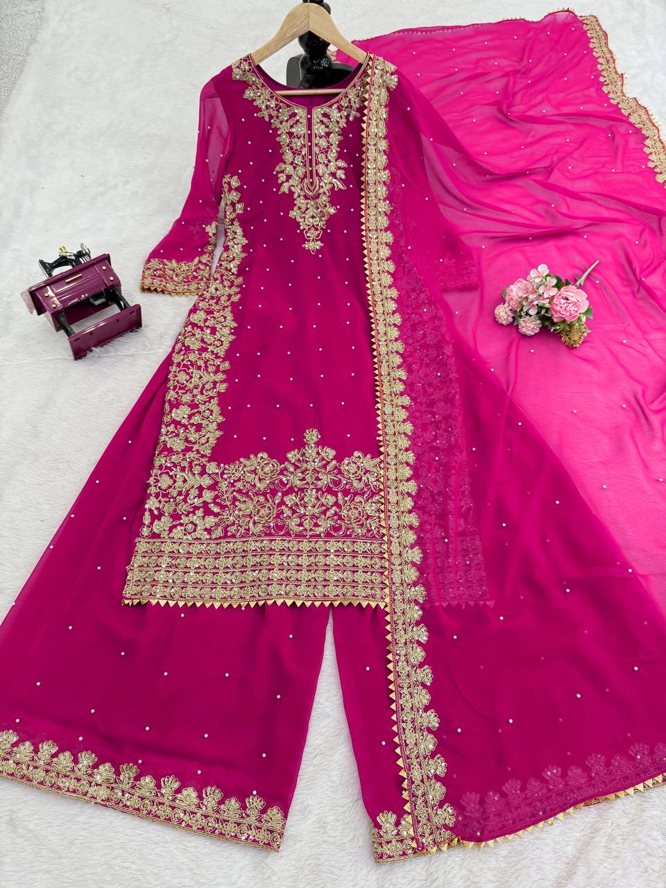Fuchsia Embellished Long Kurta with Sharara and Dupatta