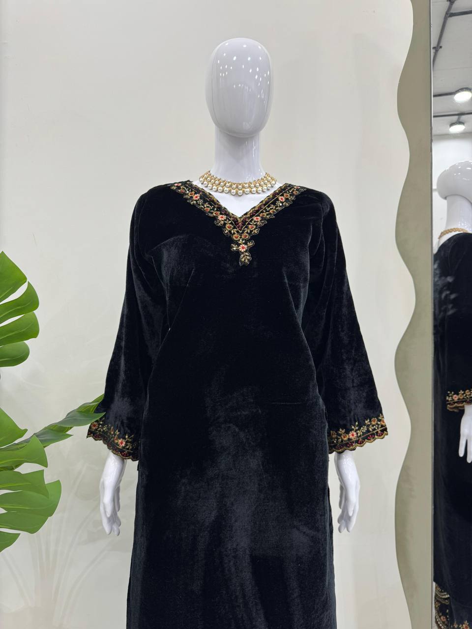 Black Velvet Embroidered Kurta Set