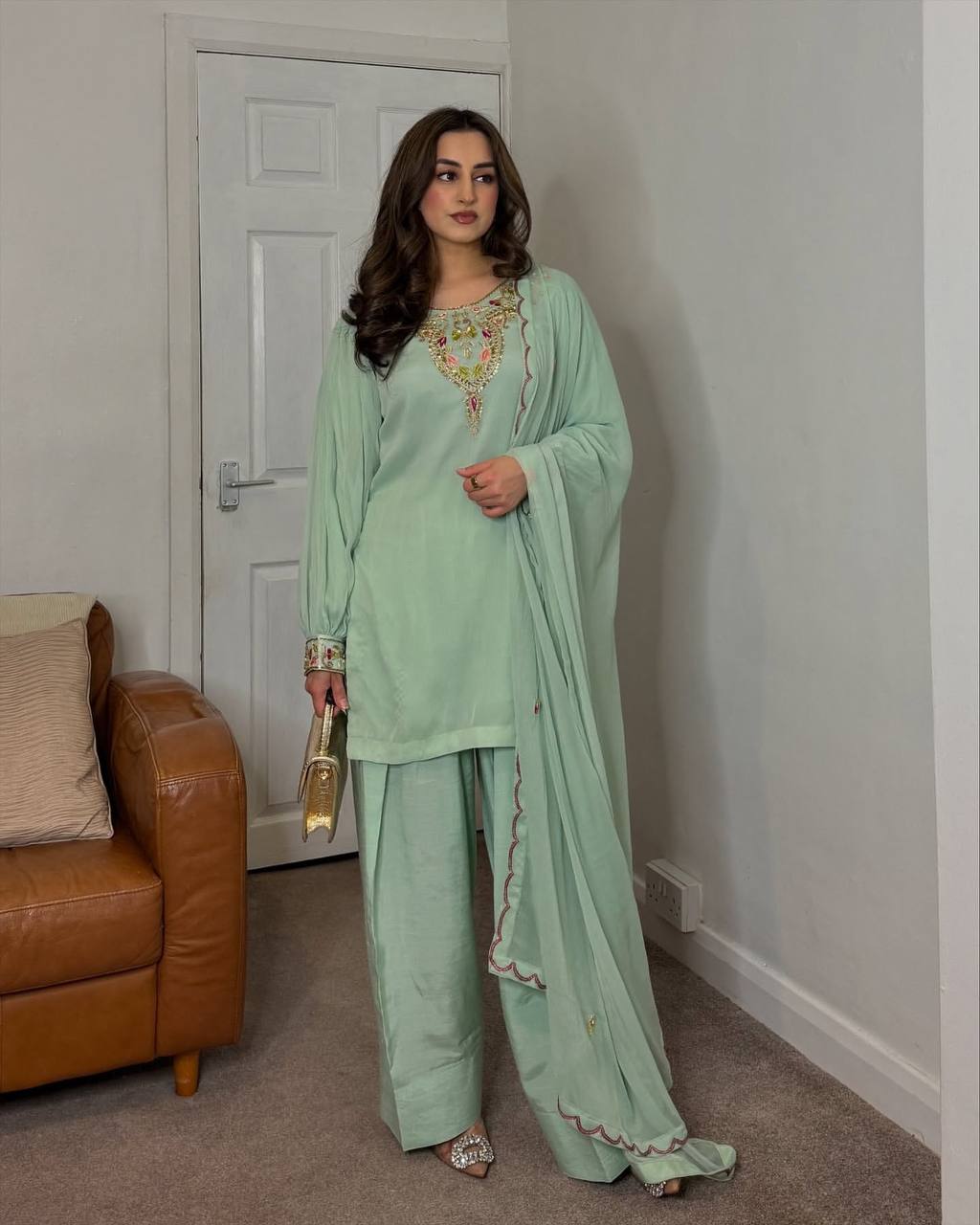 Green straight-cut embroidered suit with dhoti pants and contrast-edge dupatta