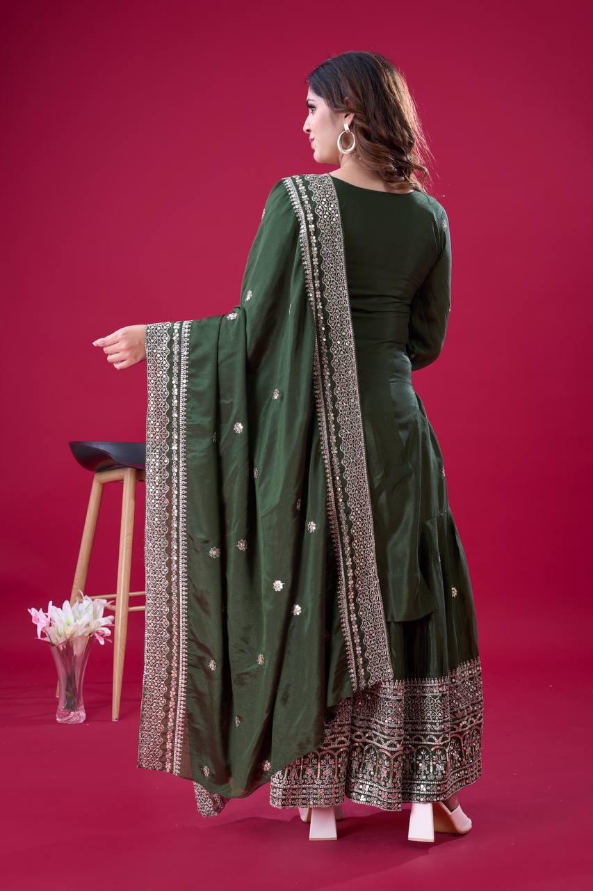Green traditional ethnic Anarkali gown suit with mirror-work and thread embroidery