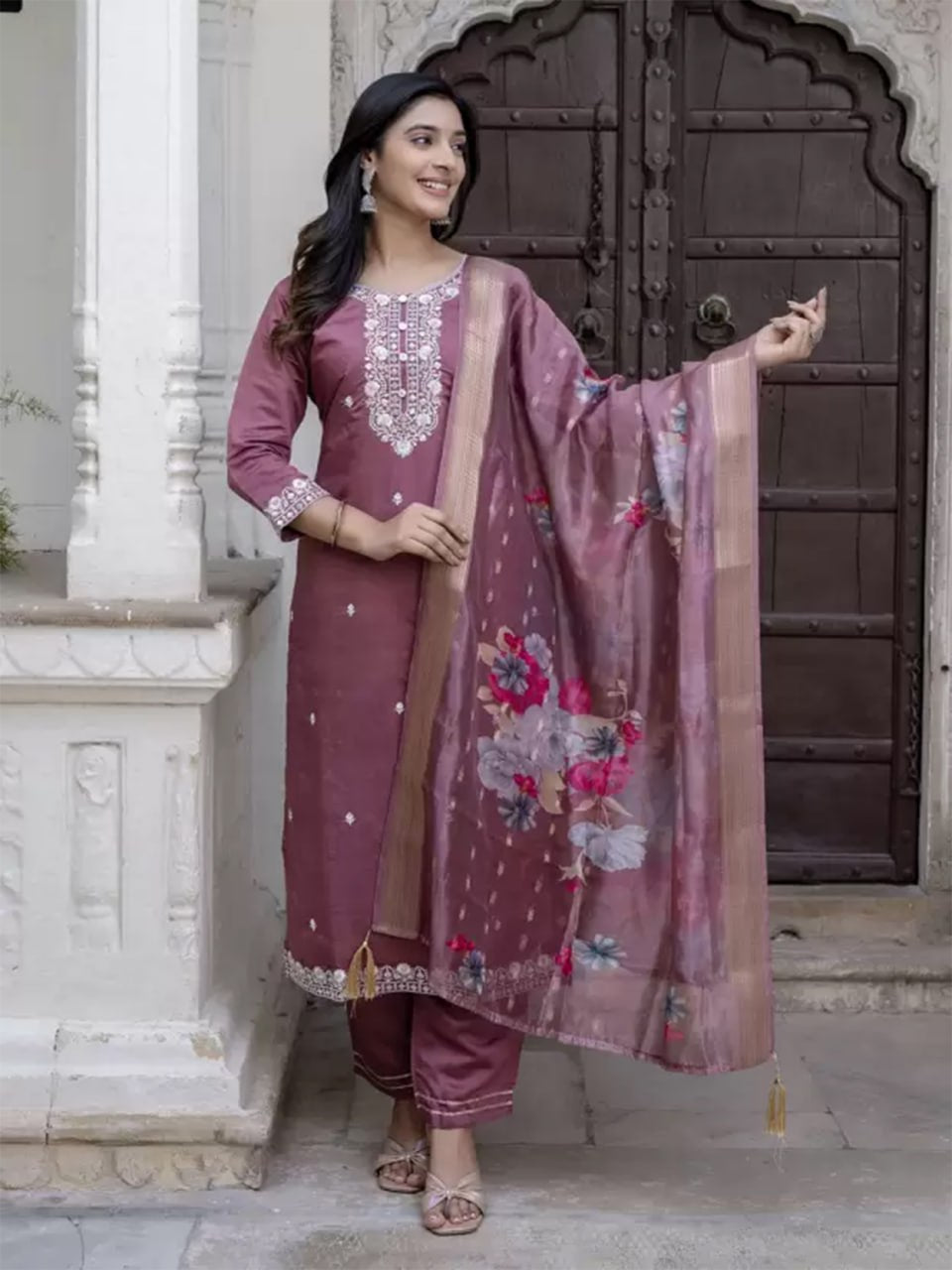 Mauve Embroidered Kurta Set with Floral Dupatta