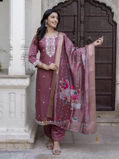 Mauve Embroidered Kurta Set with Floral Dupatta