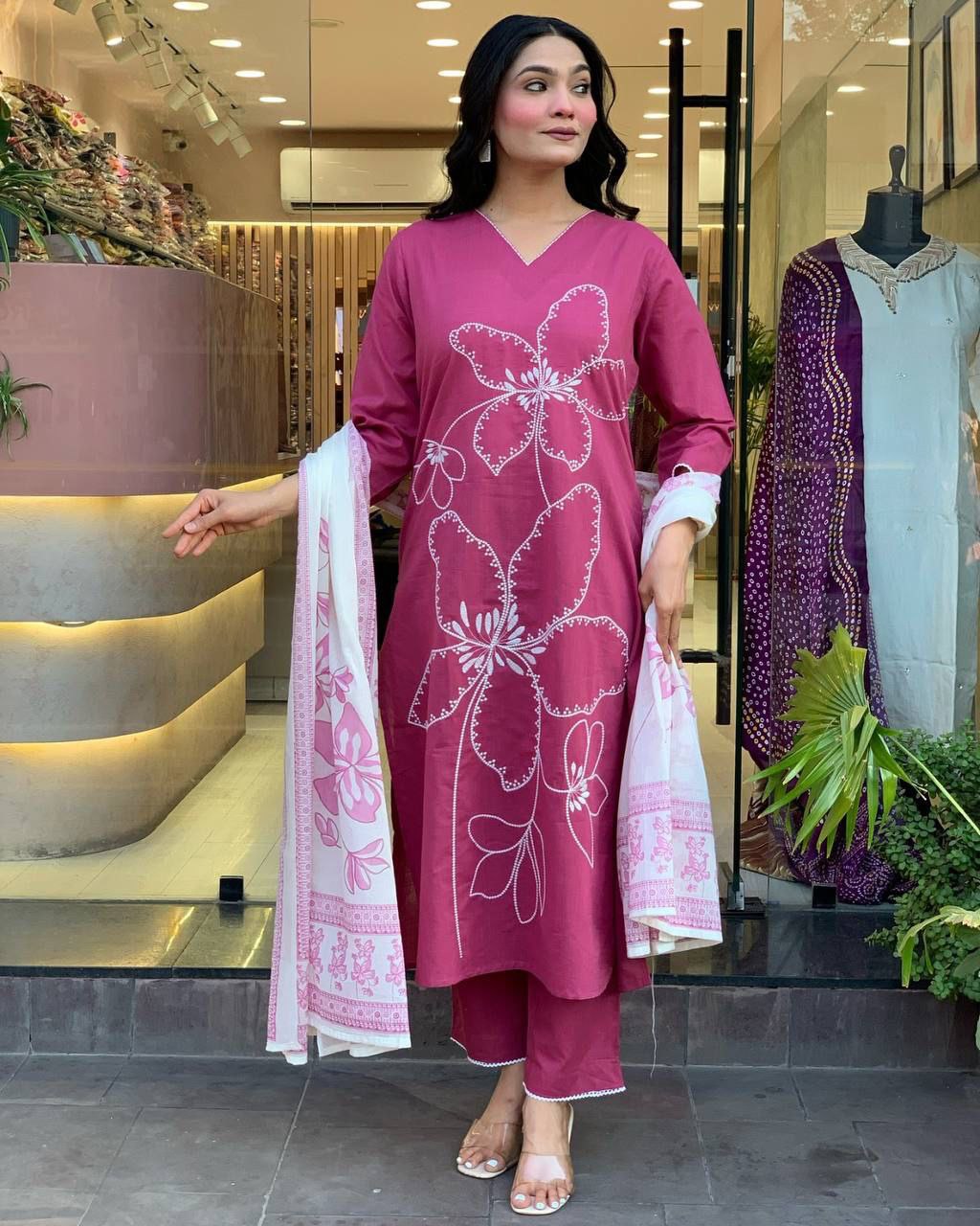 Magenta Cotton Embroidered Kurta with Printed Dupatta & Pants Set