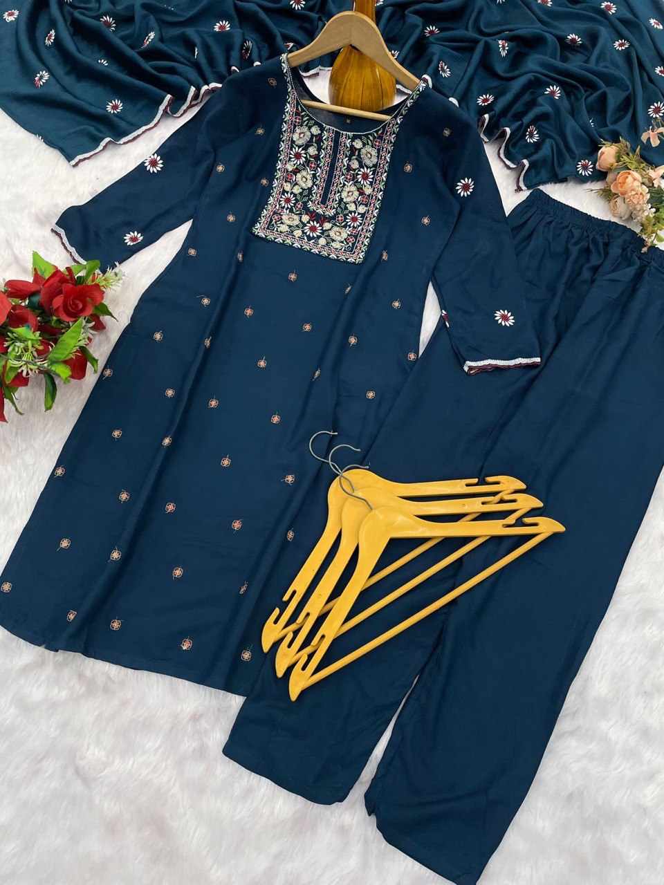 Navy Blue Embroidered Straight Kurta Set with Dupatta