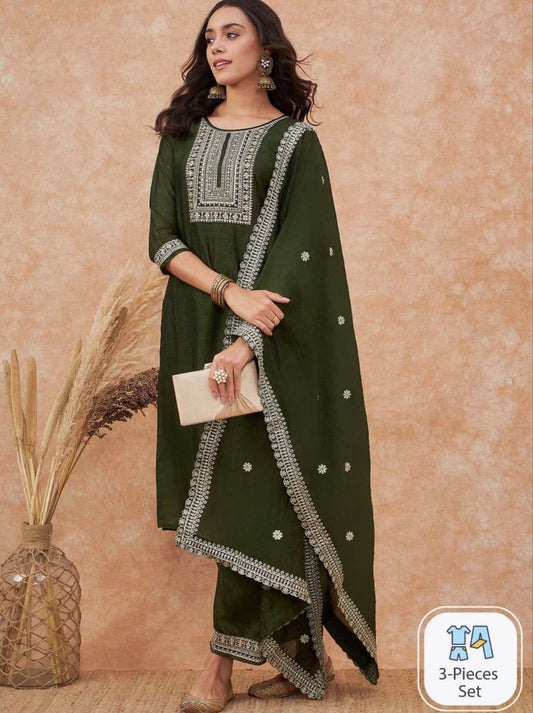 dark green embroidered salwar suit set (3-piece set)