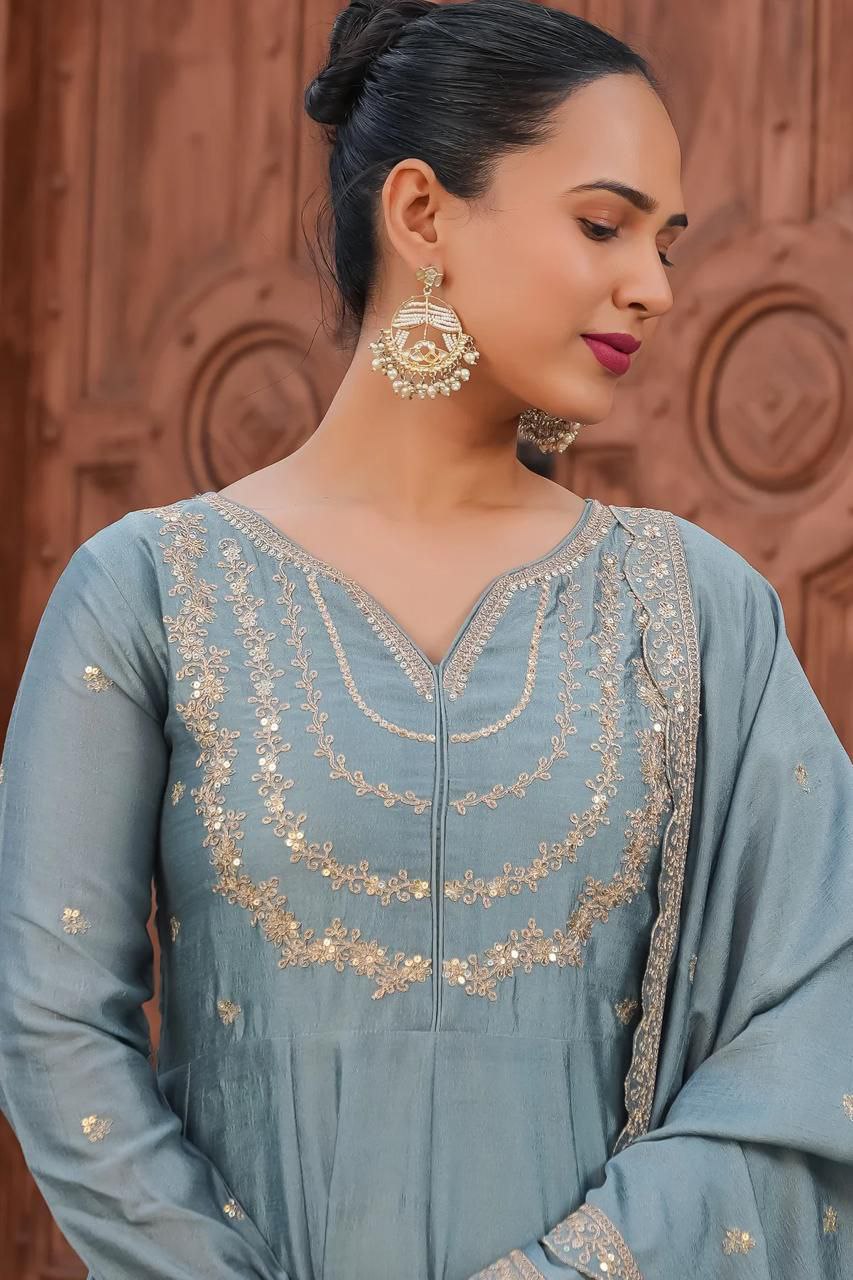 Dusty Blue Embroidered Anarkali Kurta Set with Dupatta