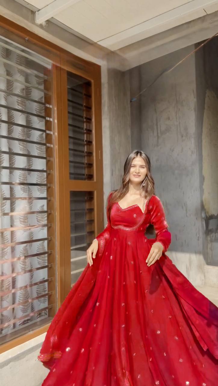 Red Mirror Work Anarkali Suit