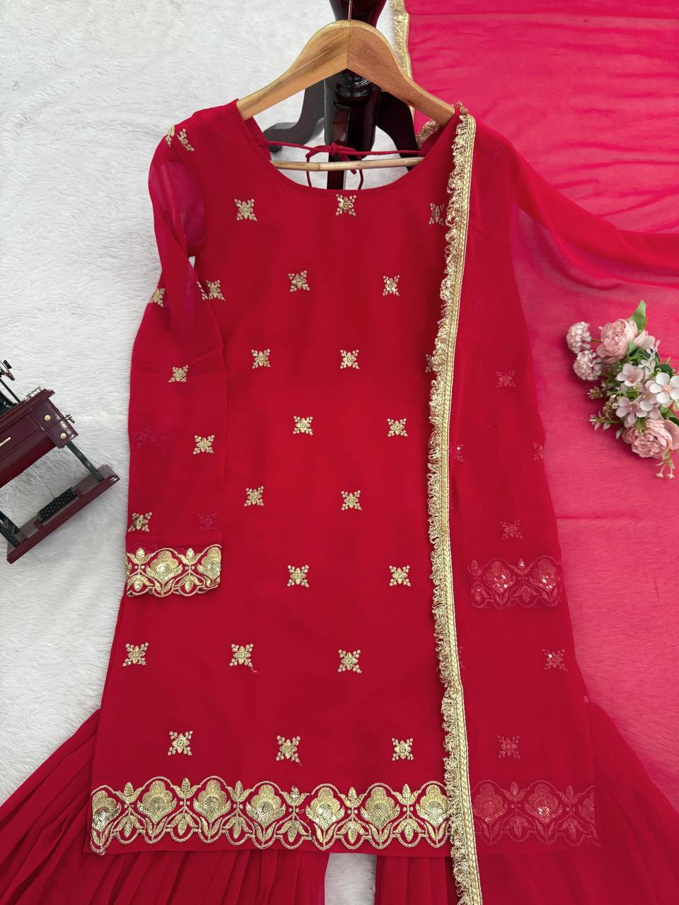 Red Embellished Sharara Suit