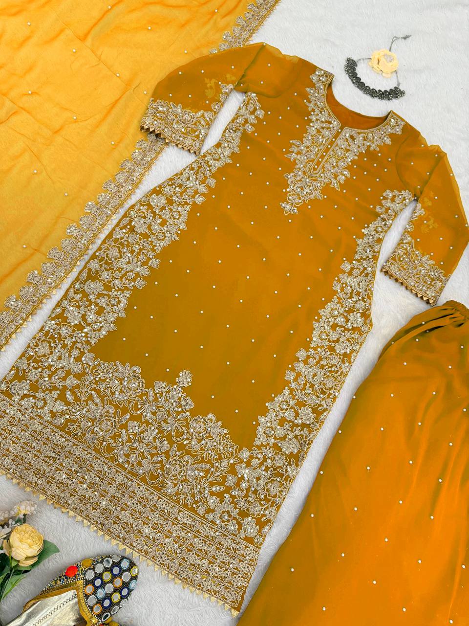 Mustard Embellished Long Kurta with Sharara and Dupatta