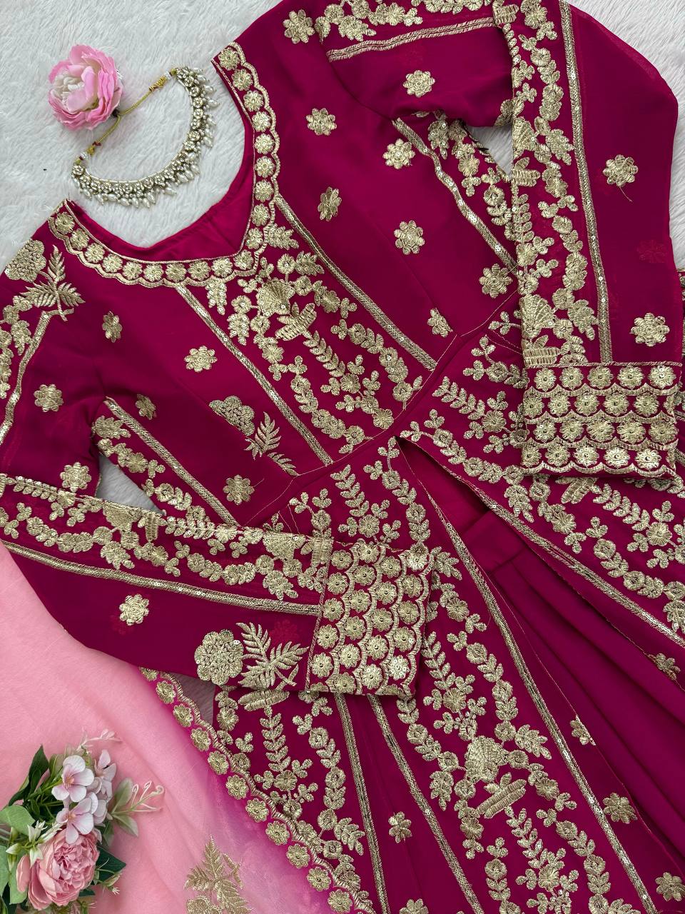 Wine Red Heavy Embroidered Bridal Lehenga with Long Sleeves and Dupatta