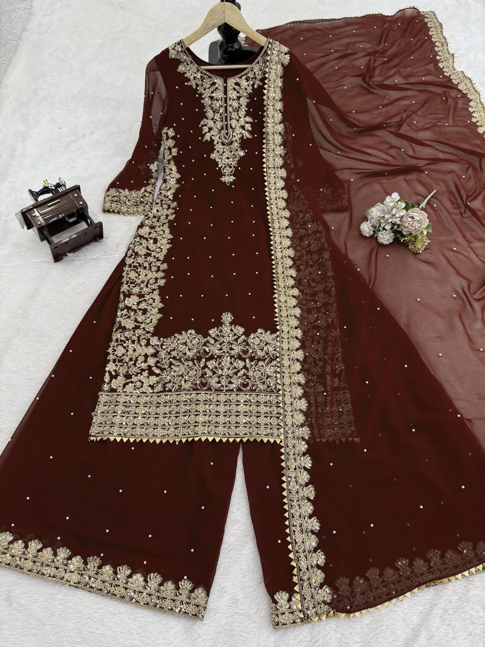 Deep Maroon Embellished Long Kurta with Sharara and Dupatta